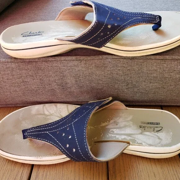 EUC CLARKS Collection Contoured Velcro Closure Thong Sandals blue canvas (8) - Picture 6 of 8